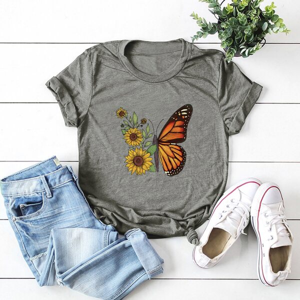 

Butterfly & Sunflower Print Tee, Grey
