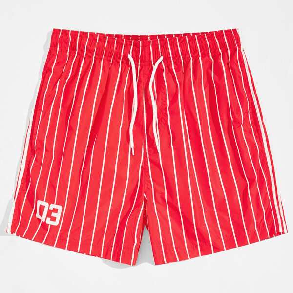 

Men Striped Drawstring Waist Swim Trunks, Red