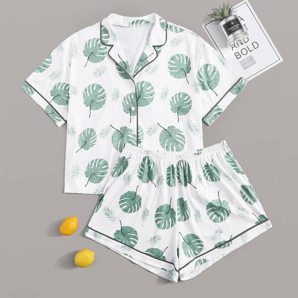 

Plus Allover Plants Contrast Binding PJ Set, White
