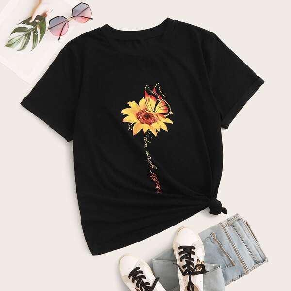 

Plus Slogan & Sunflower Print Sleep Tee, Black