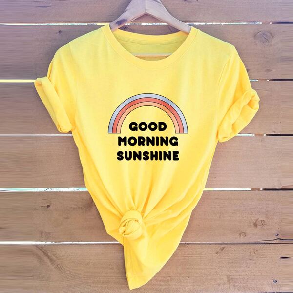 

Cartoon Rainbow & Slogan Graphic Tee, Yellow