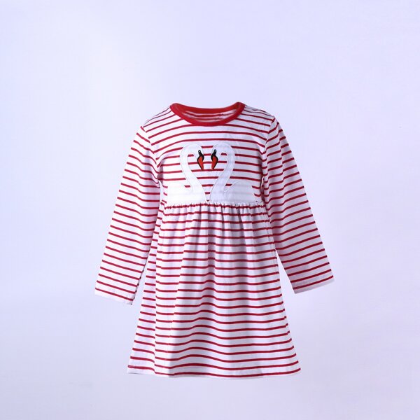 

Toddler Girls Swan Embroidery Striped Dress, Red and white