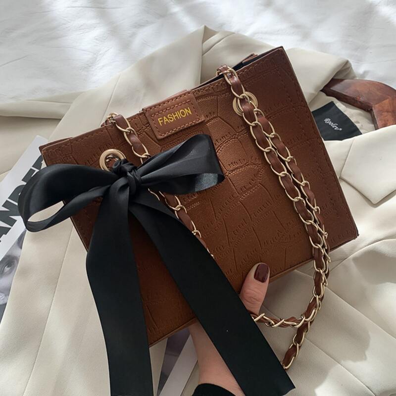 

Bow Knot Croc Embossed Shoulder Bag, Brown