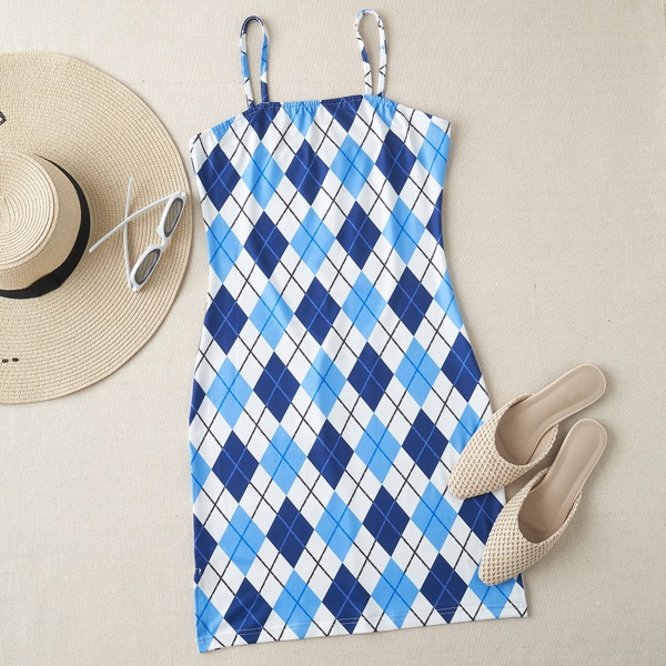 

Argyle Print Cami Dress, Blue and white