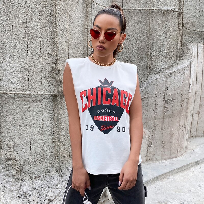 

Letter Graphic Shoulder Pad Tank Top, White