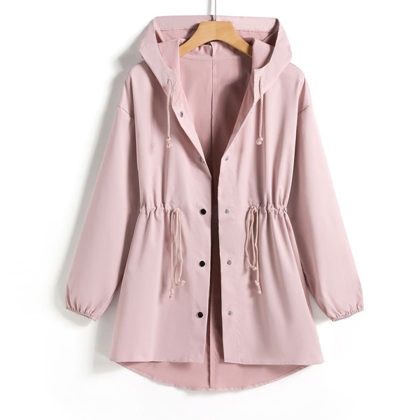 

Drawstring Waist Button Up Hooded Coat, Dusty pink