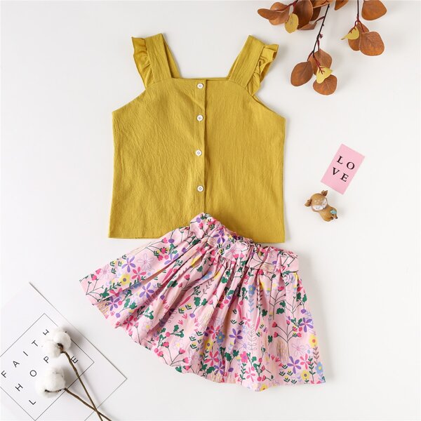 

Girls Button Front Ruffle Trim Top & Floral Print Skirt, Multicolor
