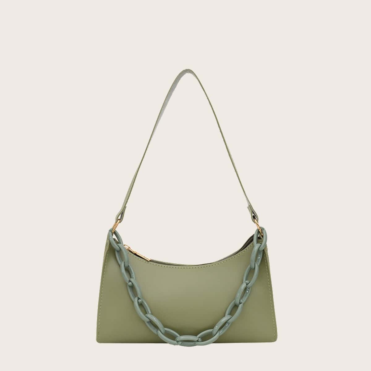 

Solid Chain Decor Baguette Bag, Green