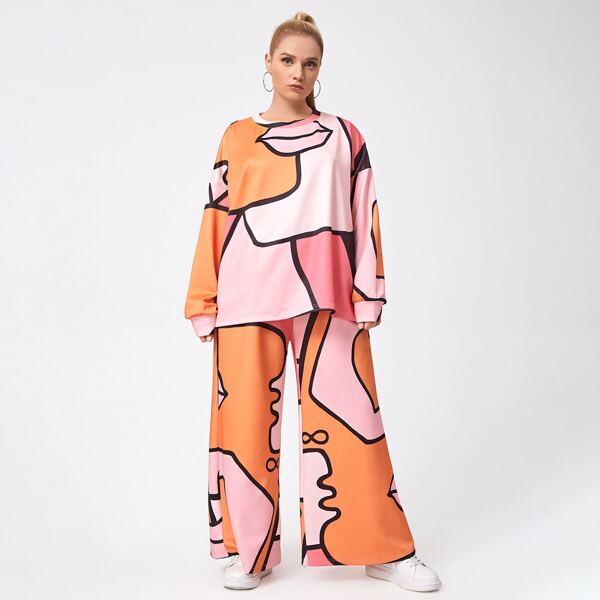 

Plus Drop Shoulder Graphic Top & Wide Leg Pants Set, Multicolor