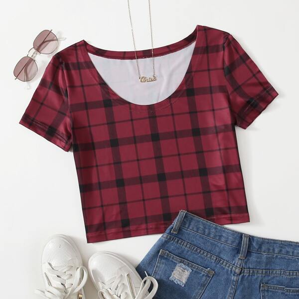 

Scoop Neck Plaid Print Tee, Burgundy