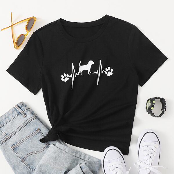 

Dog Print Round Neck Tee, Black