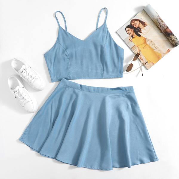 

Plus Shirred Back Denim Cami Top With Denim Skirt, Medium wash