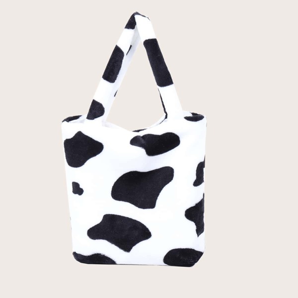 

Girls Cow Pattern Fluffy Tote Bag, Black and white