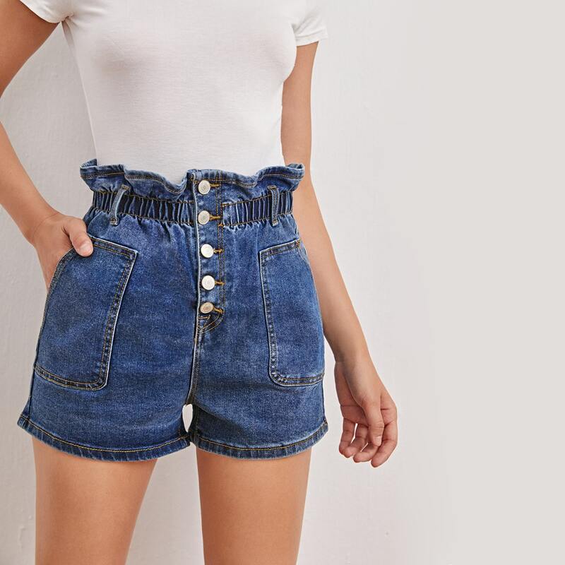 

Paperbag Waist Buttoned Denim Shorts, Medium wash