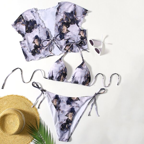 

3pack Plus Allover Print Triangle Tie Side Bikini Swimsuit, Multicolor