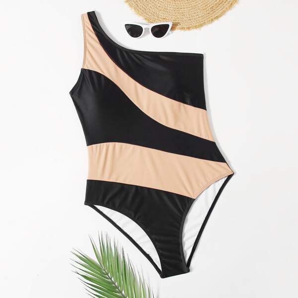 

Plus Color Block One Shoulder One Piece Swimsuit, Multicolor