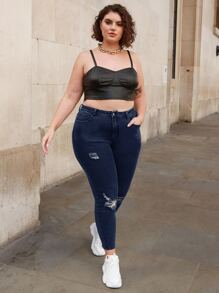 SHEIN Frenchy Jeans ajustados rotos curvos de cintura alta - Azul lavado oscuro - Ver 5