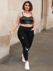 Plus Curvy High Waist Ripped Skinny Jeans - Black - View 5