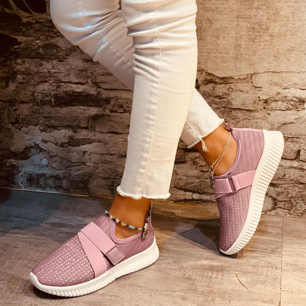 

Rhinestone Decor Velcro Strap Sneakers, Pink