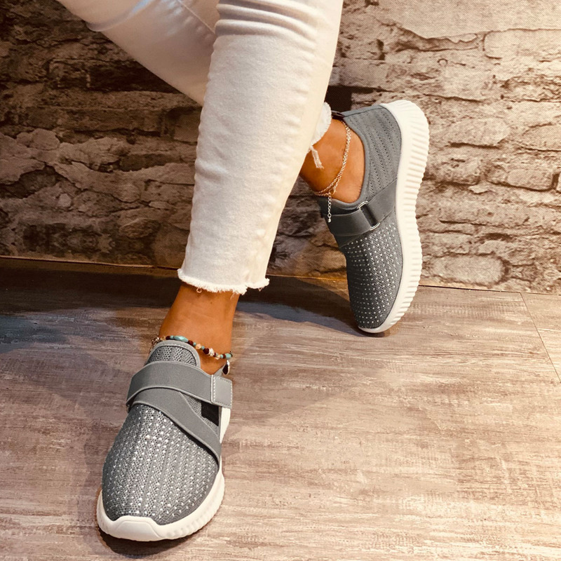 

Rhinestone Decor Velcro Strap Sneakers, Grey