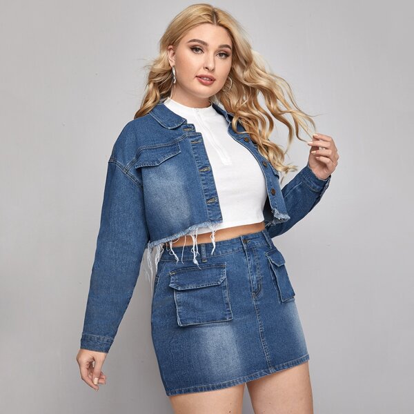 

Plus Drop Shoulder Raw Hem Denim Jacket & Skirt Set, Dark wash