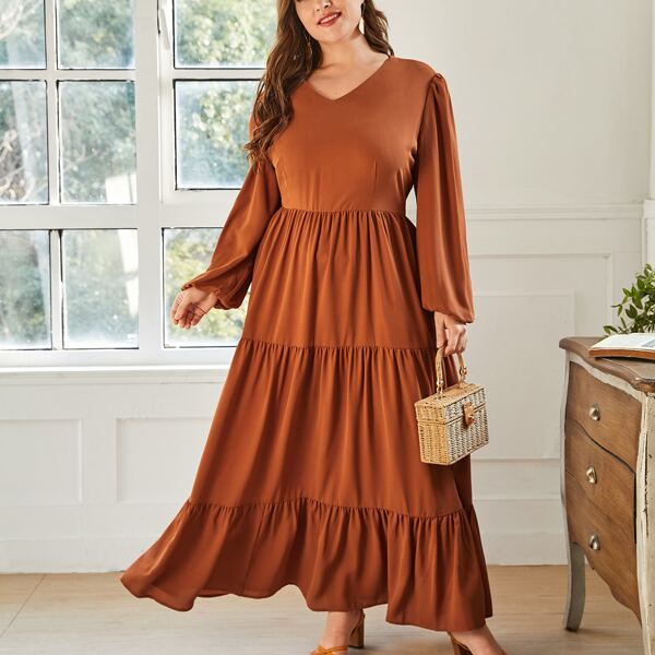 

Plus Solid V-neck Bishop Sleeve Ruffle Hem Dress, Burnt orange