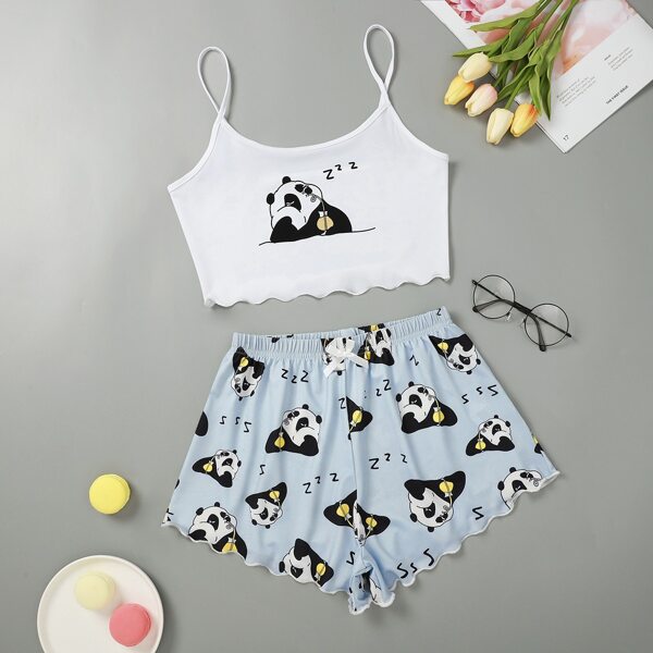 

Letter & Panda Print Pajama Set, Multicolor