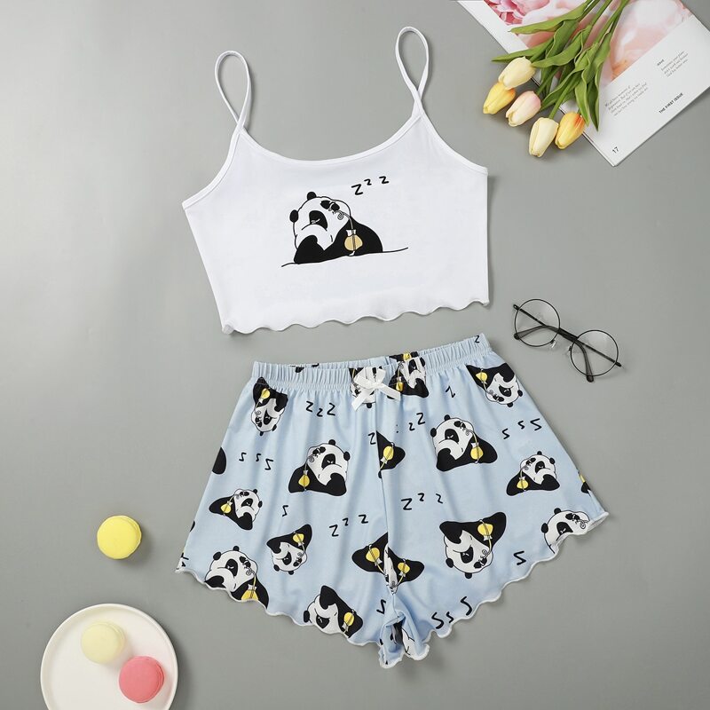 

Letter & Panda Print Pajama Set, Multicolor