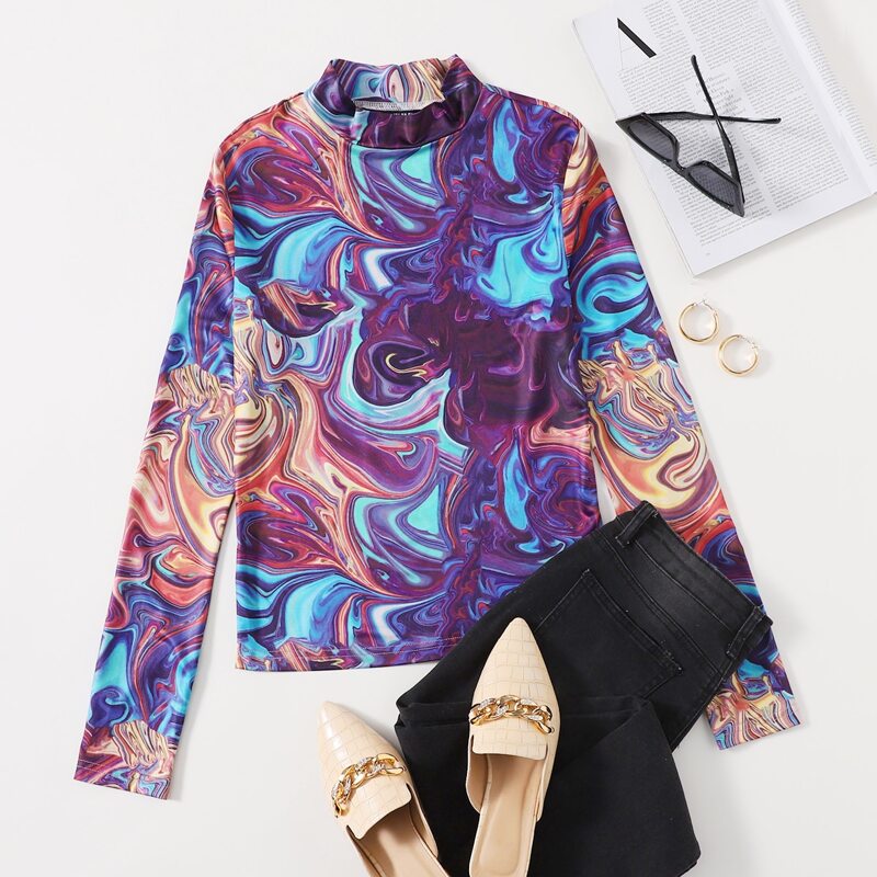 

All Over Print Mock Neck Tee, Multicolor