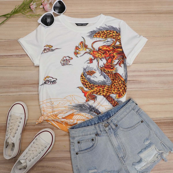 

Chinese Dragon Print Tee, White