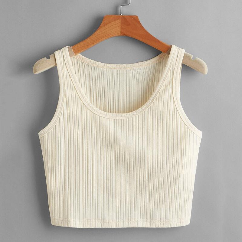 

Solid Ribbed Tank Top, Beige