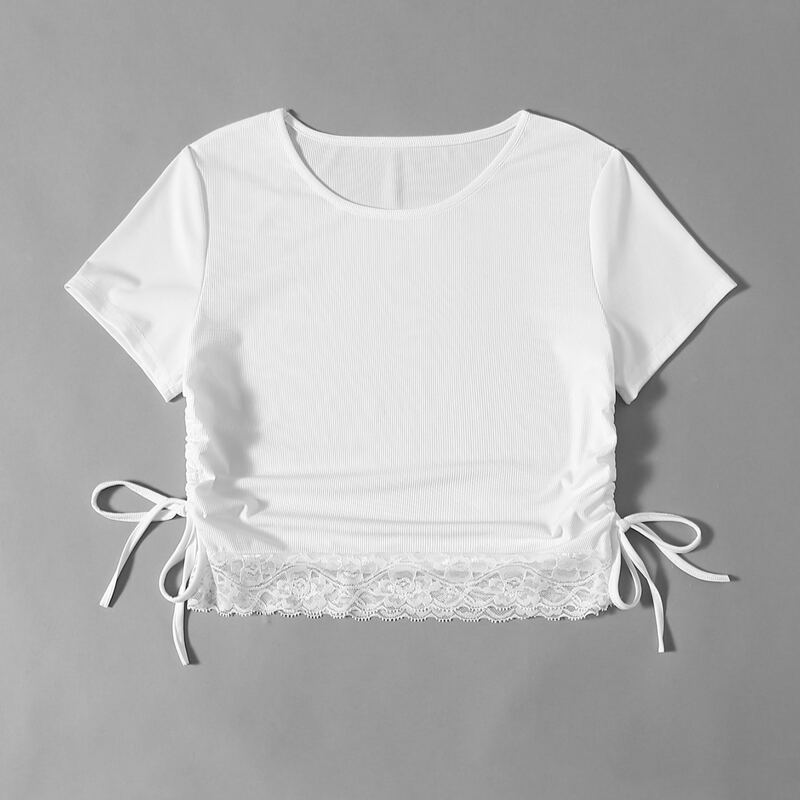 

Lace Trim Drawstring Crop Tee, White
