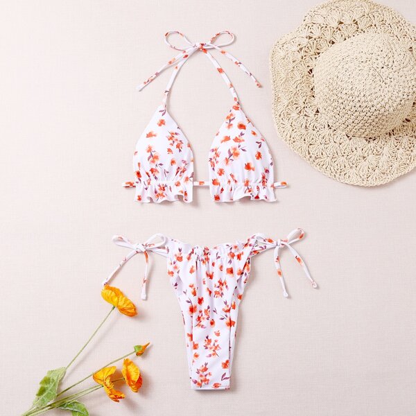 

Ditsy Floral Ruffle Hem Halter Bikini Swimsuit, Red and white