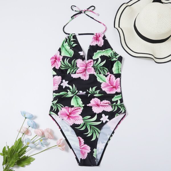 

Floral Halter One Piece Swimsuit, Multicolor