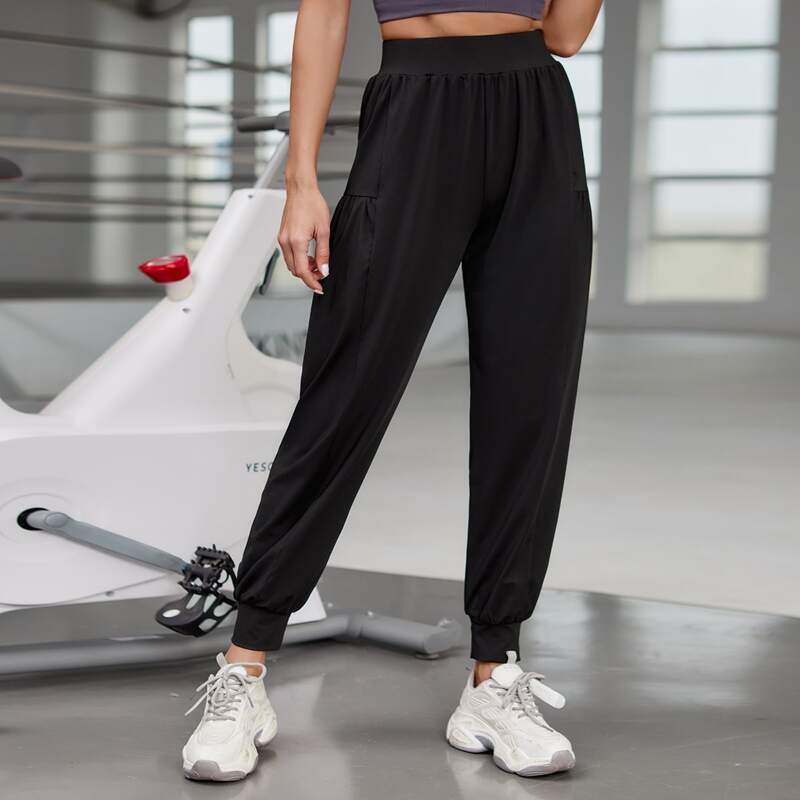 

Elastic Waist Ruched Detail Sports Pants, Black