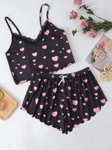 Allover Heart Print Lace Trimed Bow Pyjama Set - Black - View 1
