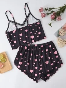 Allover Heart Print Lace Trimed Bow Pyjama Set - Black - View 2