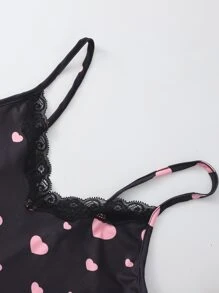 Allover Heart Print Lace Trimed Bow Pyjama Set - Black - View 3