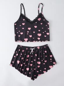 Allover Heart Print Lace Trimed Bow Pyjama Set - Black - View 4