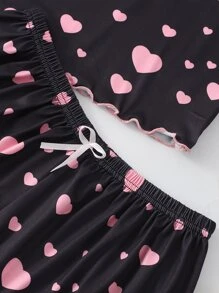 Allover Heart Print Lace Trimed Bow Pyjama Set - Black - View 5