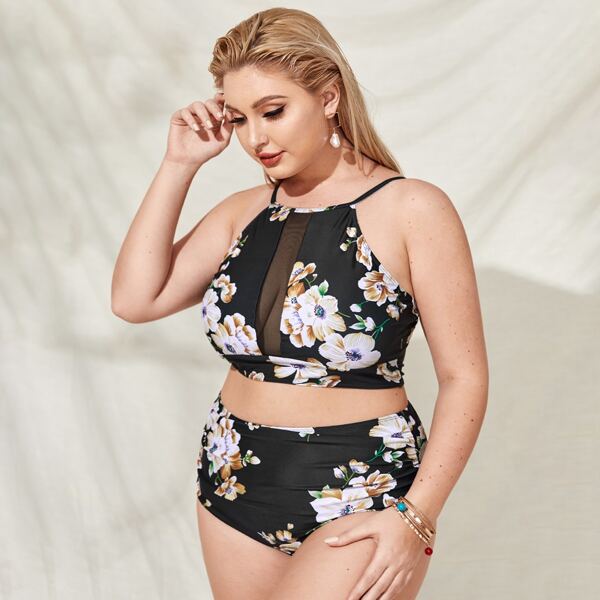 

Plus Floral High Waisted Bikini Swimsuit, Multicolor