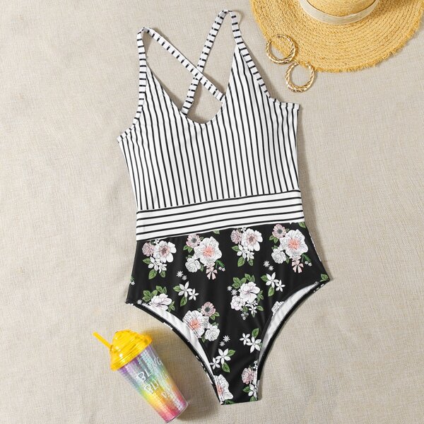 

Plus Striped & Floral Print One Piece Swimsuit, Multicolor