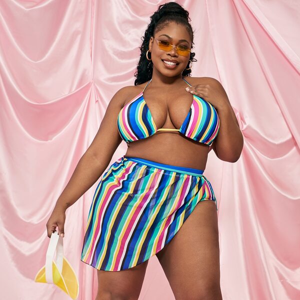 

Plus Striped Triangle Bikini Swimsuit With Beach Skirt, Multicolor