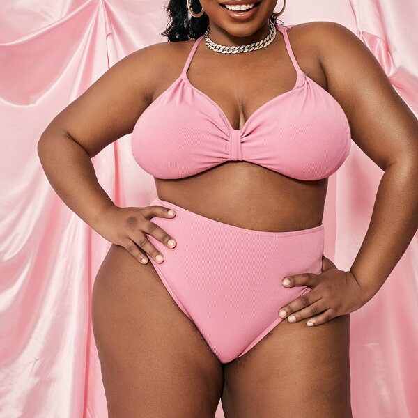 

Plus Rib High Waisted Bikini Swimsuit, Pastel baby pink