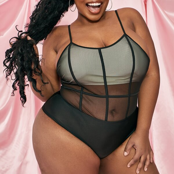 

Plus Contrast Mesh One Piece Swimsuit, Black