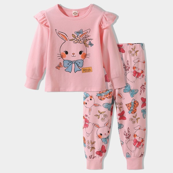 

Toddler Girls Cartoon Graphic Ruffle Trim PJ Set, Pink