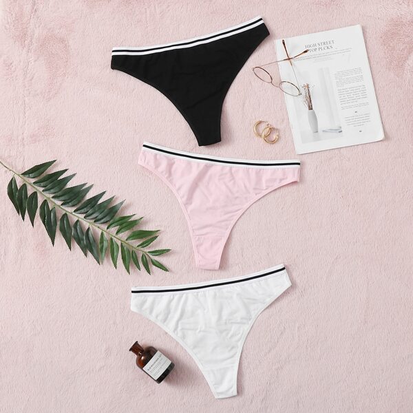 

3pack Plus Stripe Trim Thong Set, Multicolor