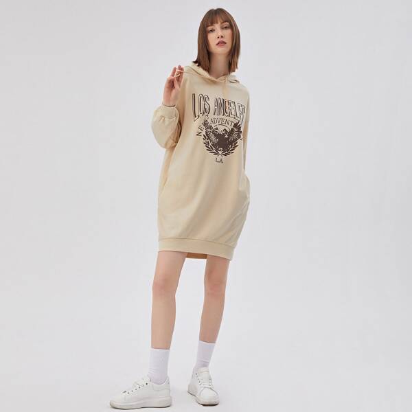 

Letter and Eagle Print Slant Pocket Hooded Dress, Khaki