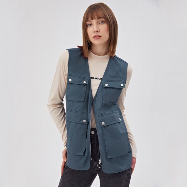 

Zip Up Flap Pocket Front Vest Coat, Dusty blue