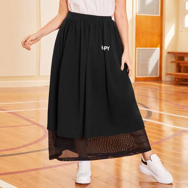 

Plus Letter Graphic Mesh Hem Skirt, Black